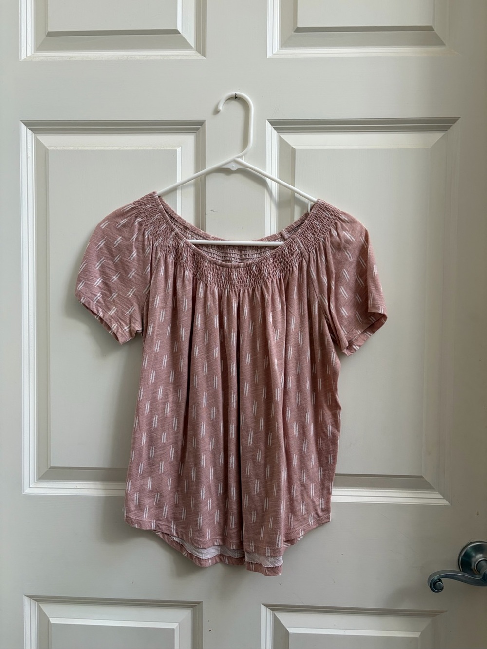 LOFT Dusty Rose Smocked Yoke Short Sleeve Top